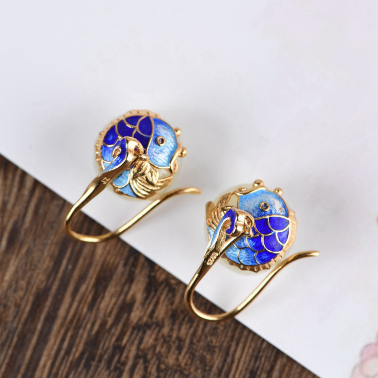 Natural Hetian Women's Fashion Burnt Blue Carp Rich And Wealthy Eardrops