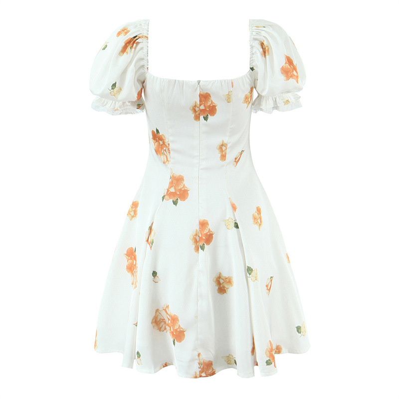 Printed Puff Sleeve Lace Stitching A- Line Dress