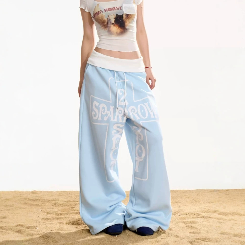 Vintage Letter Print Drawstring Wide Leg Cotton Sweatpants