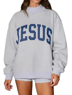 Printed Letter Crewneck Long-sleeve Loose-fitting Versatile Hoodie - Grey - View 1