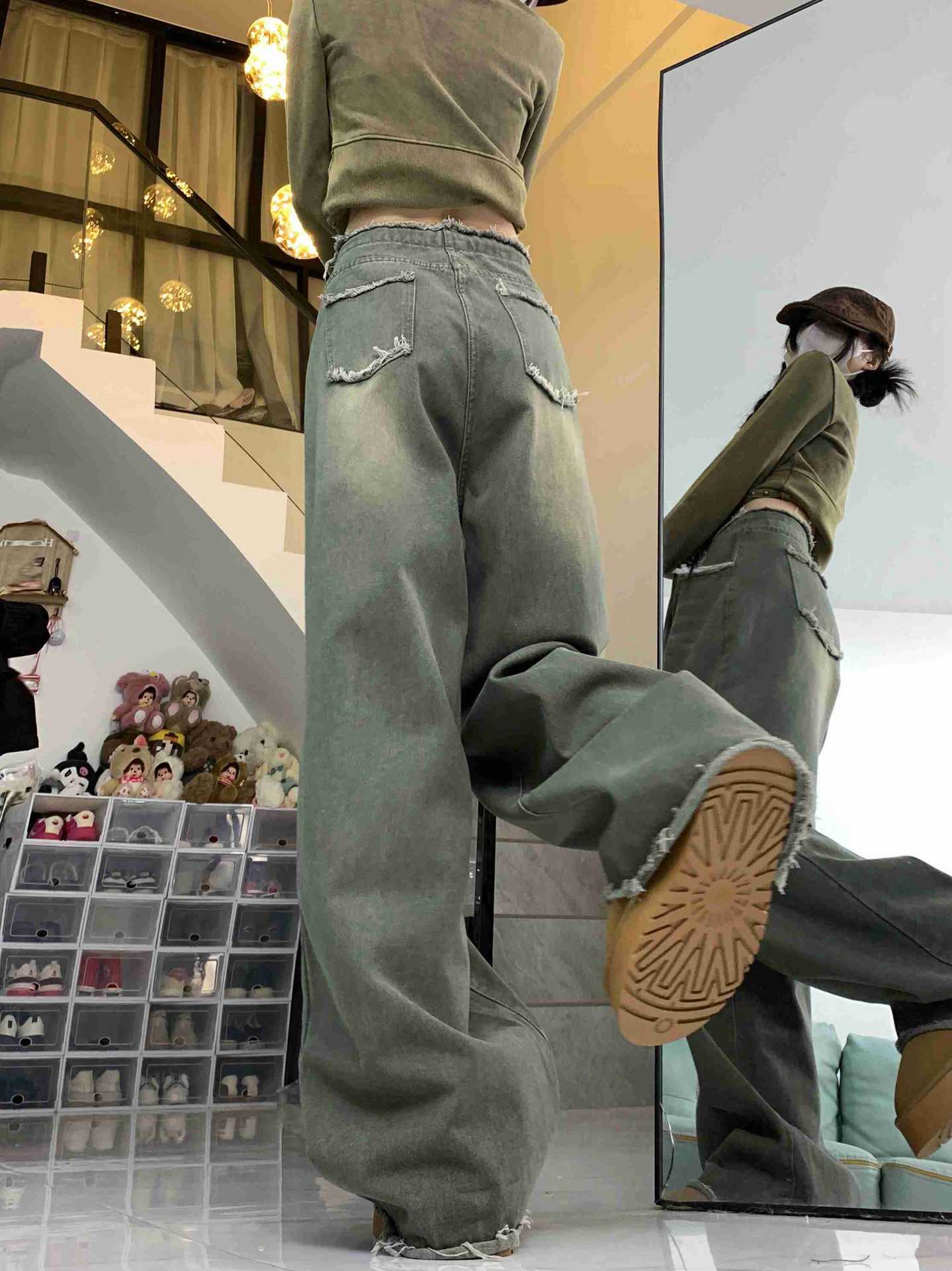 Washed Frayed Hem Casual Wide Leg Denim Pants
