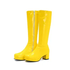 Chunky Heel Women's Mid Heel Boots Patent Leather High Leg Boot Square Toe Boots - Yellow - View 1