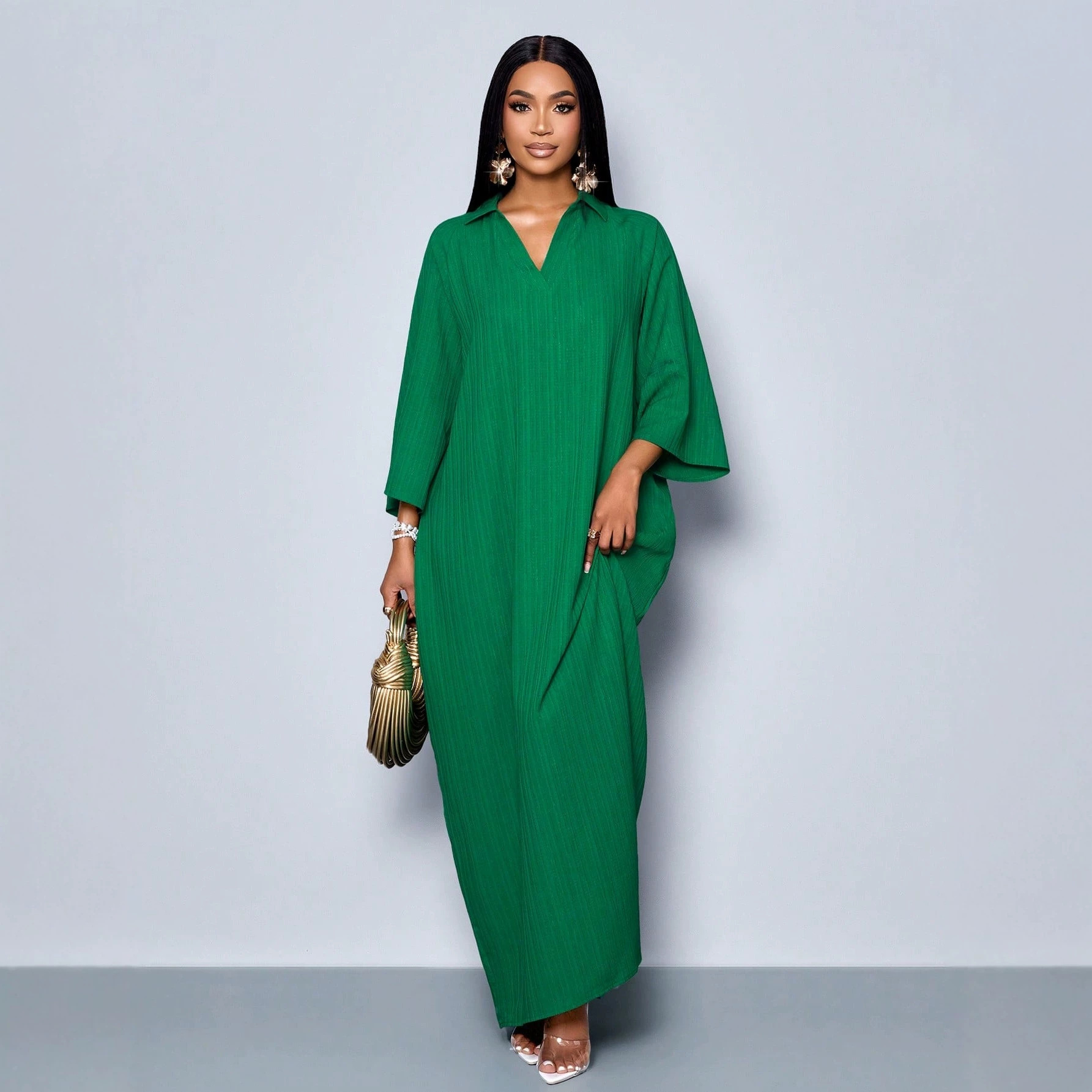 Womens Solid-Color Draped Textured V-Neck Dress