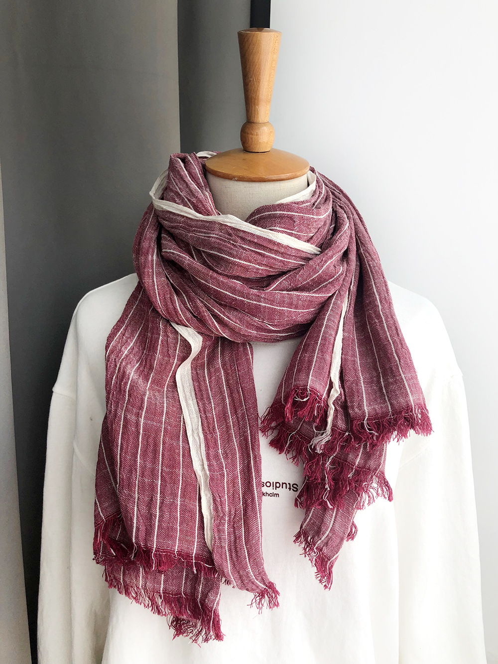 Autumn And Winter Striped Cotton And Linen Pleated Scarf Shawl