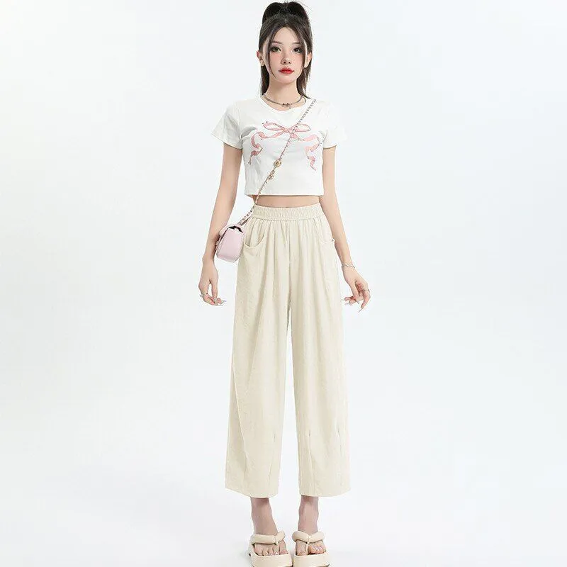Elastic Waist High Waist Wide Leg Pants Cropped Drape Small Lazy And Loose - Apricot
