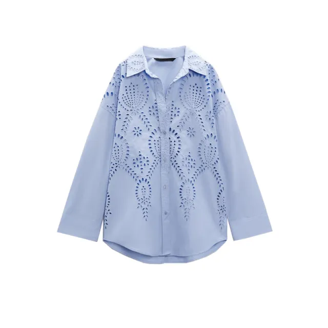 Long Sleeve Lapel Versatile Casual Top Hollow Embroidery Loose Shirt Blue - Shop at LoveMi