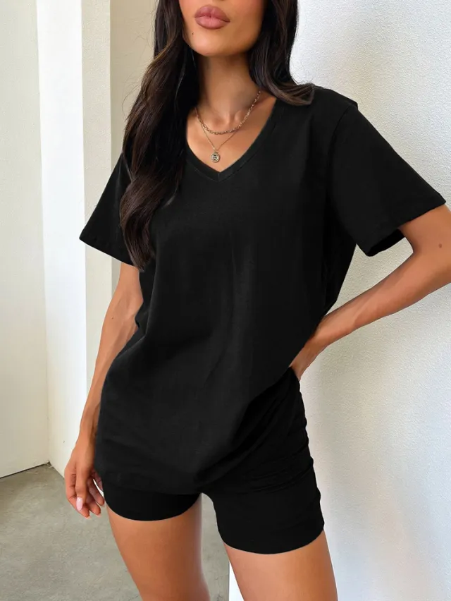 V neck Fashion Solid Color Casual Fashion Shorts Suit Women Black - Shop at LoveMi