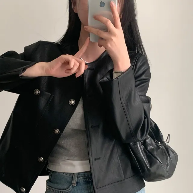 Early Autumn Round Neck Black Pu Short Leather Jacket Black - Shop at LoveMi