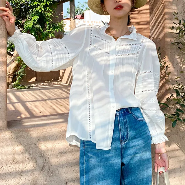 French Style White Shirt Women's Long Sleeve Elegant Cotton Loose Beige - Shop at LoveMi