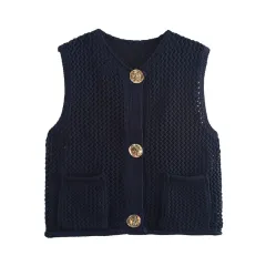 New Spring And Summer European And American Style Casual Breasted Thick Needle Knitted Vest Top - Dark Blue - View 1