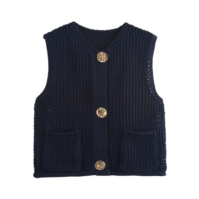 New Spring And Summer European And American Style Casual Breasted Thick Needle Knitted Vest Top Dark Blue - Shop at LoveMi