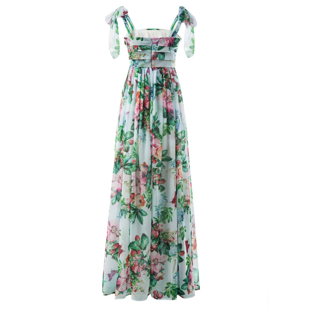Women's Rose Print Pleated Wide Hem Flowy Suspender Dress