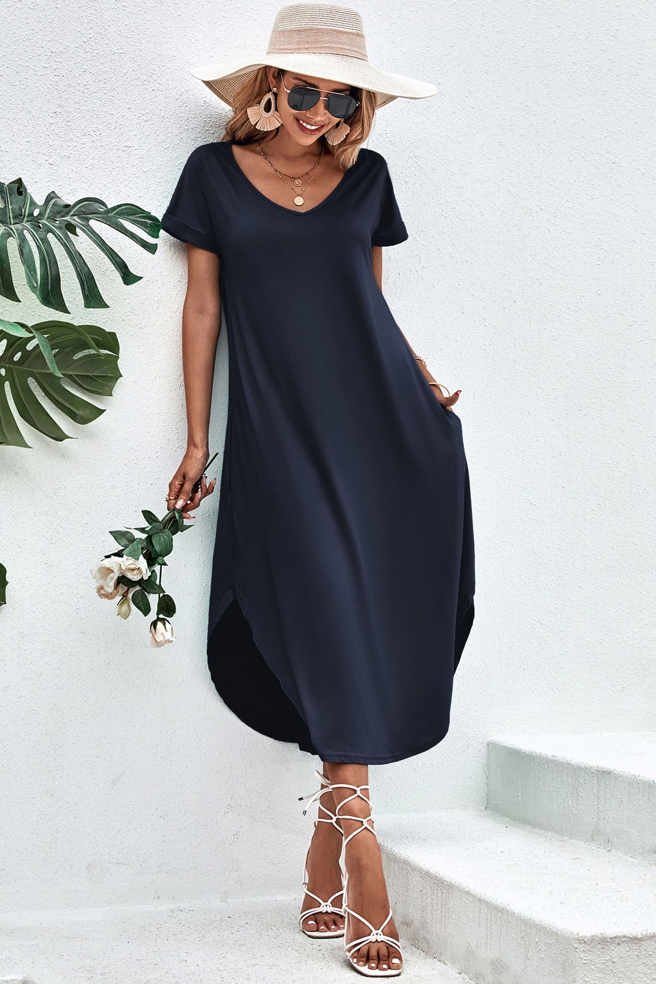 V neck Split Irregular Hem Homewear Pajamas For Women Blue - Shop at LoveMi