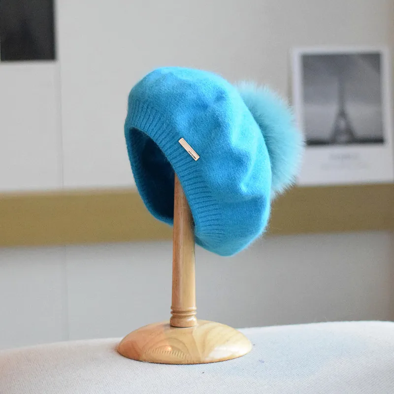 Japanese Style Angola Rabbit Fur Hat Women - Blue