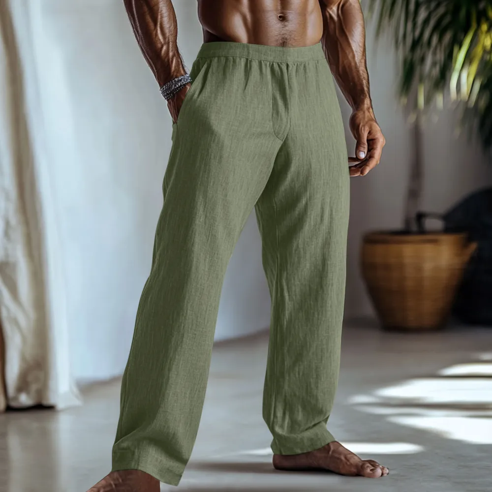 Cotton And Linen Solid Color Casual Trousers With Pockets