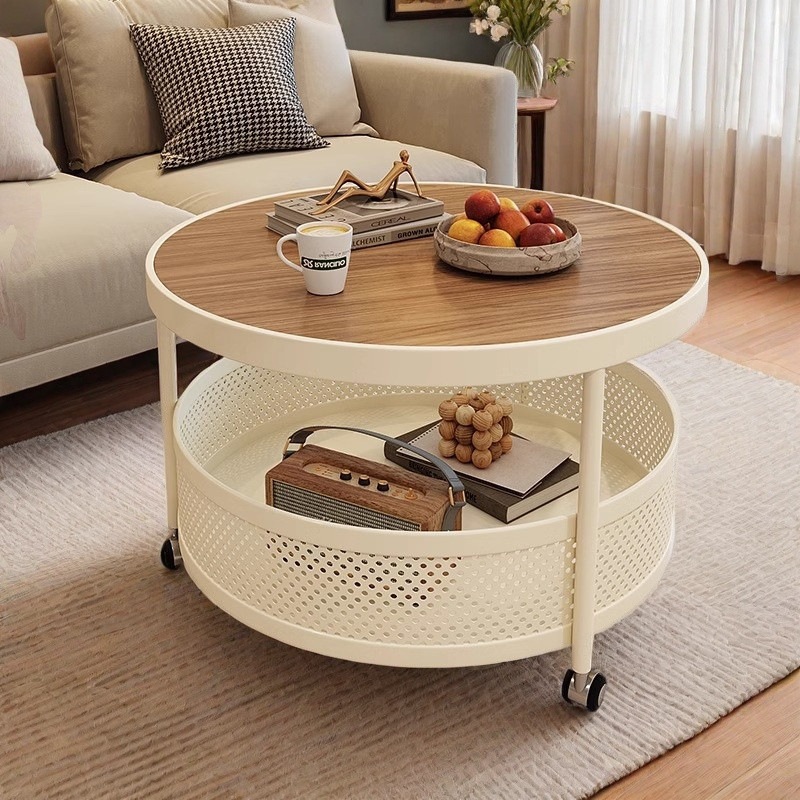 Home-use Quartzite Small Round Table With Movable Light-luxury Storage Trolley
