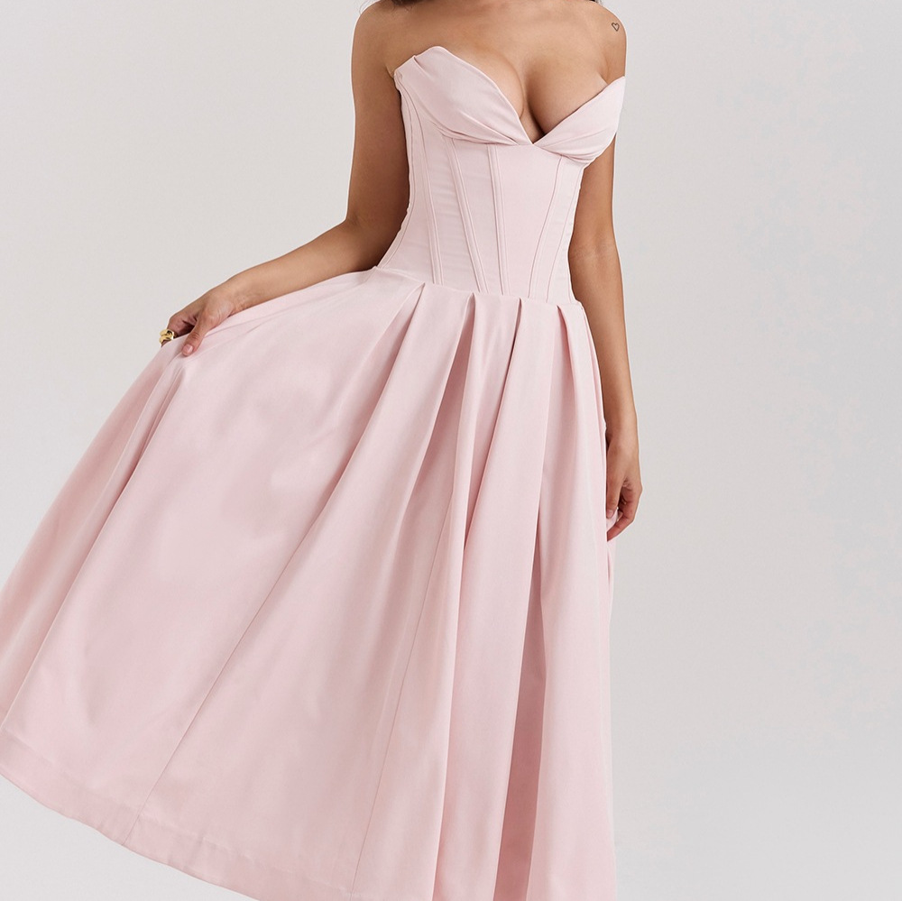 Solid-color V-neck Maxi-length Sleeveless Boned Bustier Elegant Sexy Figure-flattering Midi Dress