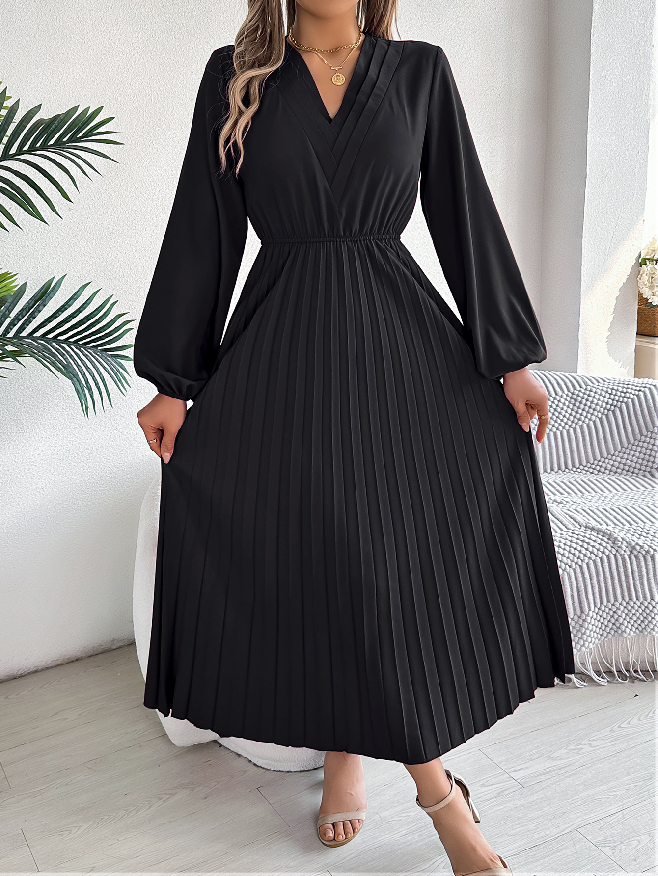 Elegant Womens Long Pleated Dress With A Triple V-Neck Long Sleeves And A Defined Waist