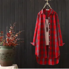 Women's Mid-length Loose Long Sleeve Top Plaid Shirt - Red - View 1