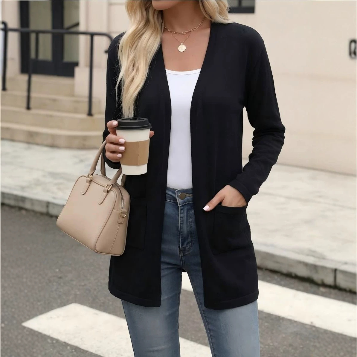 European And American-style Mid-length V Neck Knitted Cardigan A Loose-fitting Figure-flattering Top