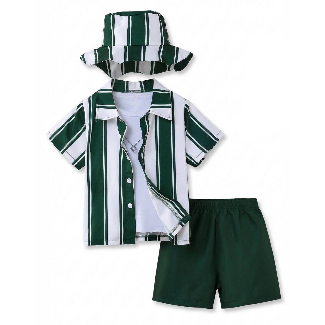 Boys Green And White Striped Short-sleeve Shirt And Shorts Set — foto 3