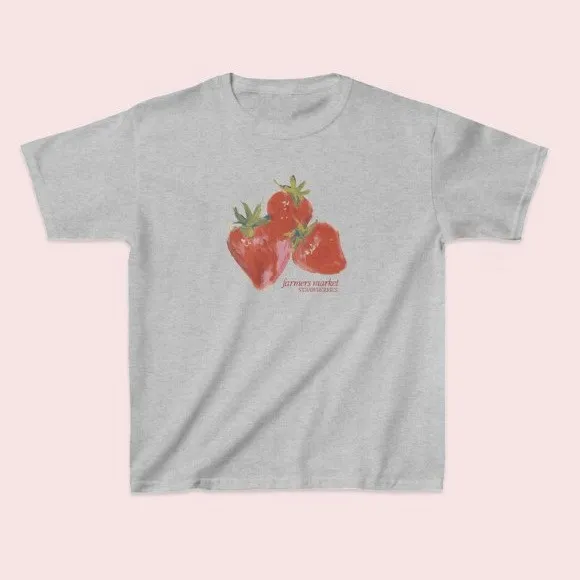 Short sleeved Street Casual Round Neck Strawberry Printed T shirt Top Gray - Shop at LoveMi