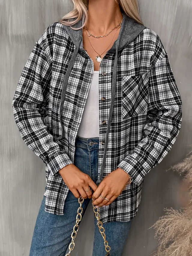 Women's Casual Fashion Loose Plaid Shirt Black - Shop at LoveMi