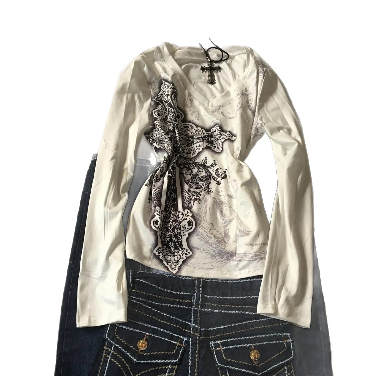 Womens Printed T-Shirt With V-Neck And Long Sleeves