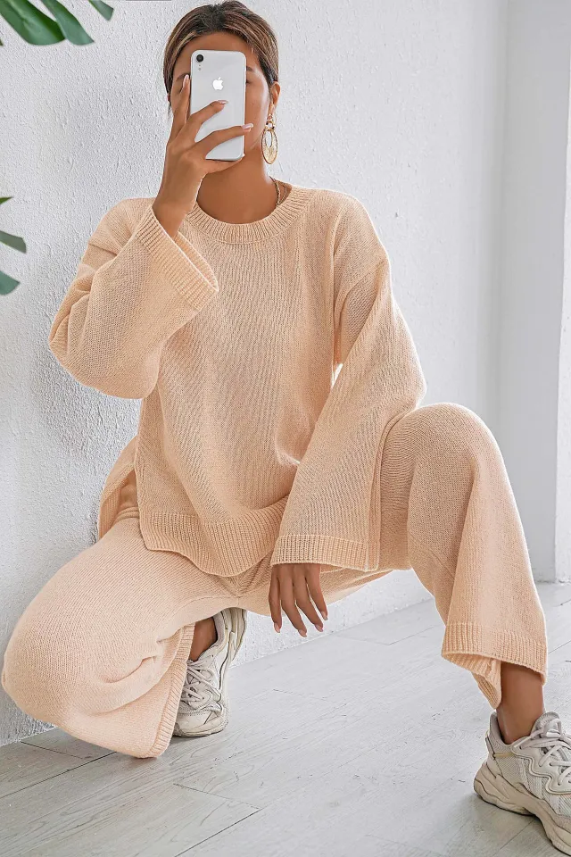 Loose Comfort And Casual Pullover Sweater Straight Wide Leg Pants Trousers Two piece Set Beige Suit - Shop at LoveMi