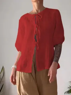 Fashion Casual Solid Colour Round Neck Tied Shirt Wide Leg Pants Two-piece Set - Red Shirt Khaki Pants - View 1