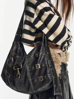 Tote Underarm Shoulder Portable Retro Large Capacity Commuter Black Bag - Black - View 1