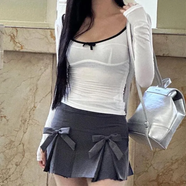 Bow Cut Out Contrasting Color Long Sleeved T shirt Top For Women White - Shop at LoveMi