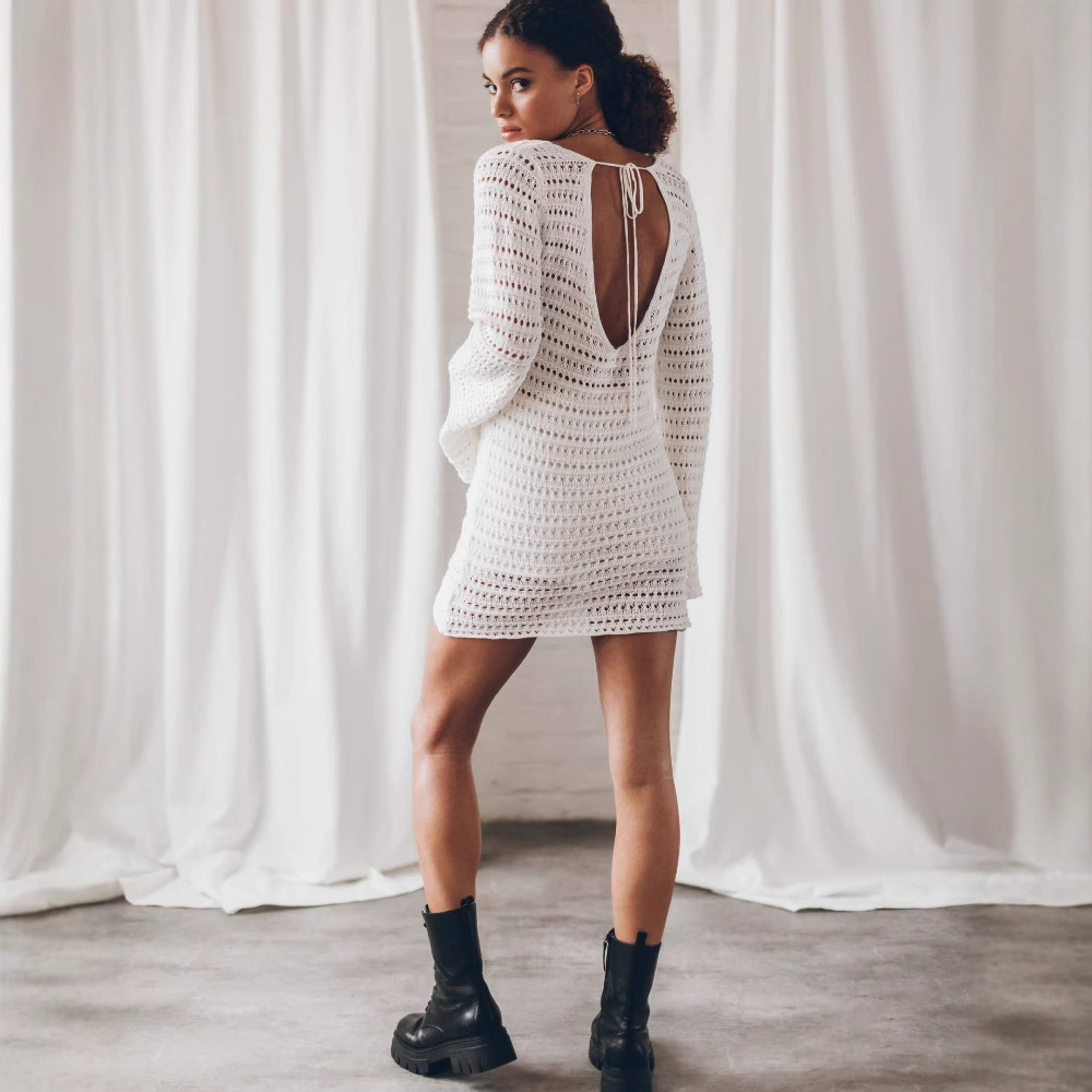 European And American New Women's Beach Skirt Backless Hollow Sexy Long Sleeve Dress