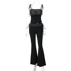 Fashion Polka-dot Self-tie Vest Slim-fit Low Waist Bootcut Pants Suit - Black - View 1