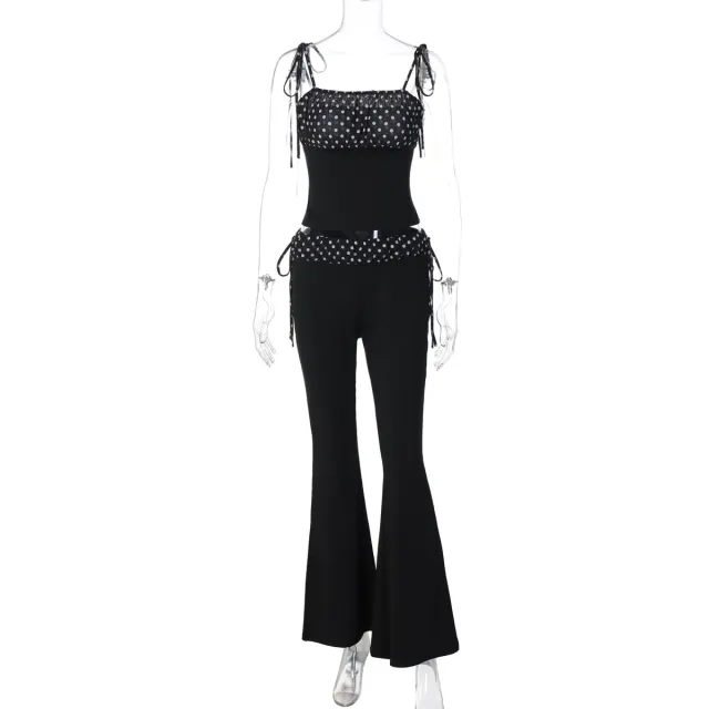 Fashion Polka dot Self tie Vest Slim fit Low Waist Bootcut Pants Suit Black - Shop at LoveMi