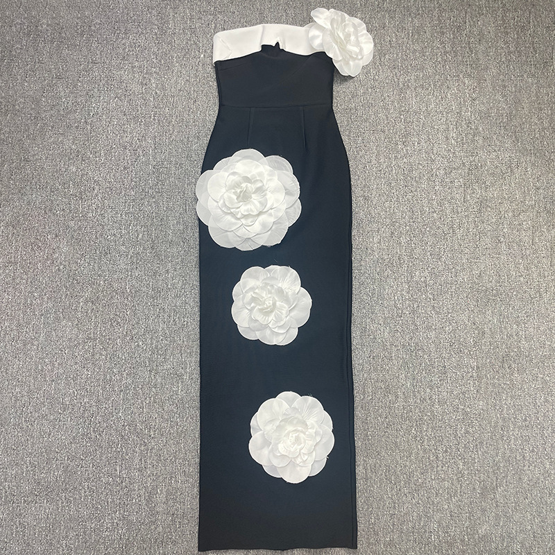 Tube Top Black And White Stitching Large Flower Dress