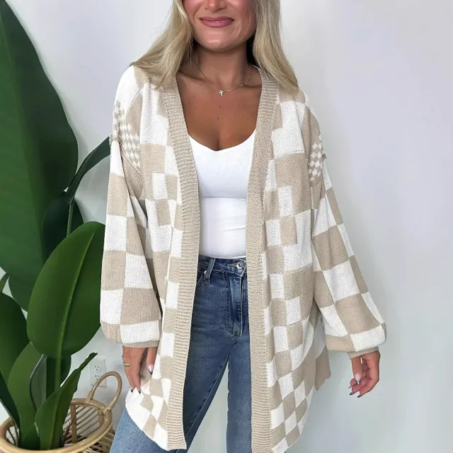 Casual Coat Plaid Long Cardigan Knitted Women's Sweater Apricot - Shop at LoveMi