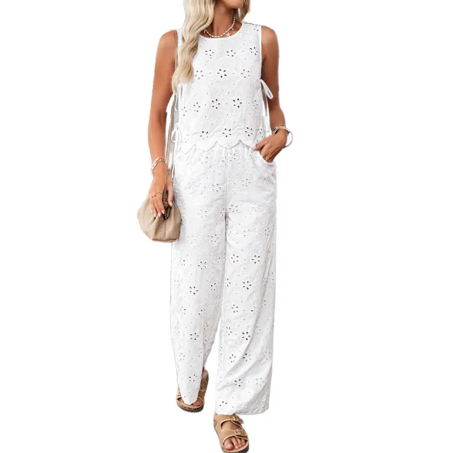 Women's Casual Embroidered Side Lace up Sleeveless Vest And Trousers Suit Red - Shop at LoveMi