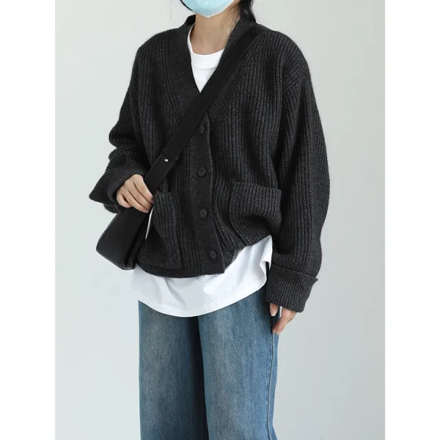 Korean Style Solid Color And V neck Pocket Knitted Cardigan Sweet Cuff Sweater Coat Black - Shop at LoveMi