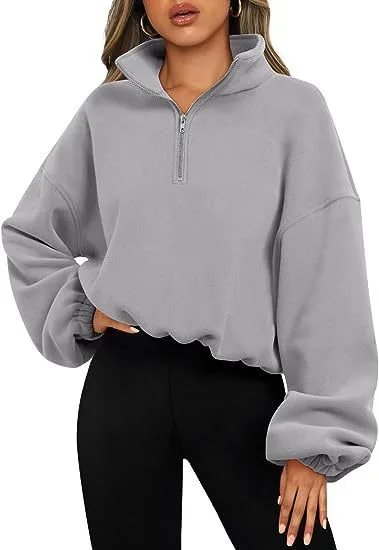 Women's Half Zipped Stand Collar Drawstring At Hem Polar Fleece Autumn Winter Sweater Gray - Shop at LoveMi
