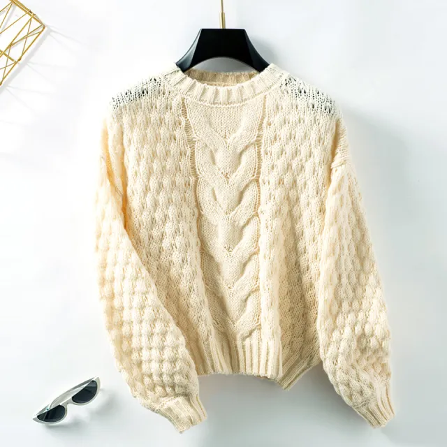 Autumn And Winter Loose Round Neck Twist Puff Sleeve Knitted Sweater For Women Apricot - Shop at LoveMi