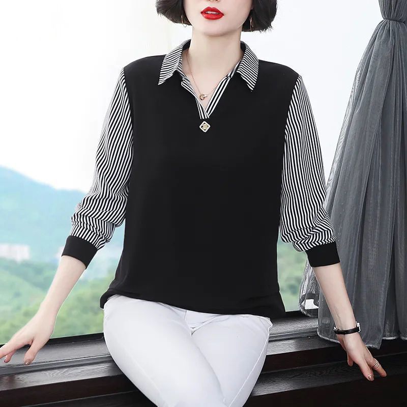 Youthful Look Mid Age And Senior Spliced Polo Neck Base Shirt Long Sleeve Top For Women
