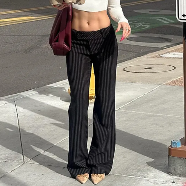 Striped Contrast Color Slightly Pull Women's Casual Pants Black - Shop at LoveMi