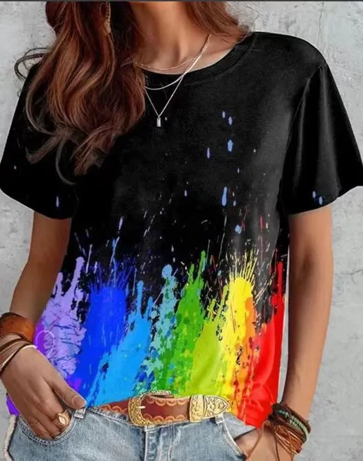 Women's T shirt Green Blue Pink Printed Short Sleeve Casual Weekend Z740 - Shop at LoveMi