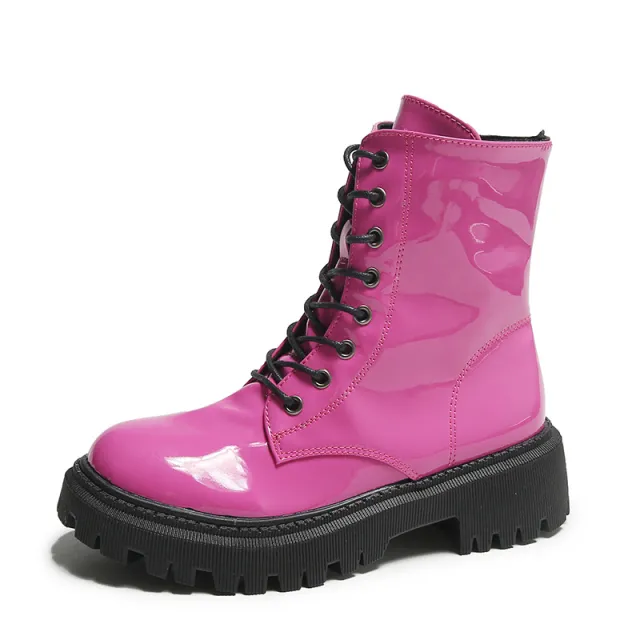 European And American Patent Leather Mid Heel Round Toe Short Motorcycle Boots Red - Shop at LoveMi