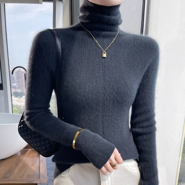Autumn And Winter Pile Collar Wool Knitted Bottoming Shirt Slim Fit All matching Elephant Gray - Shop at LoveMi