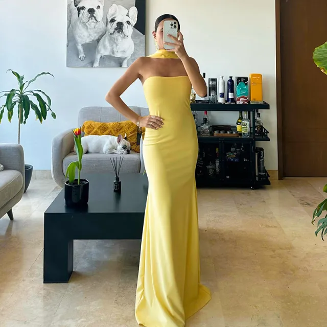 Solid Color Adjustable Halter Slim Fit Dress Yellow - Shop at LoveMi