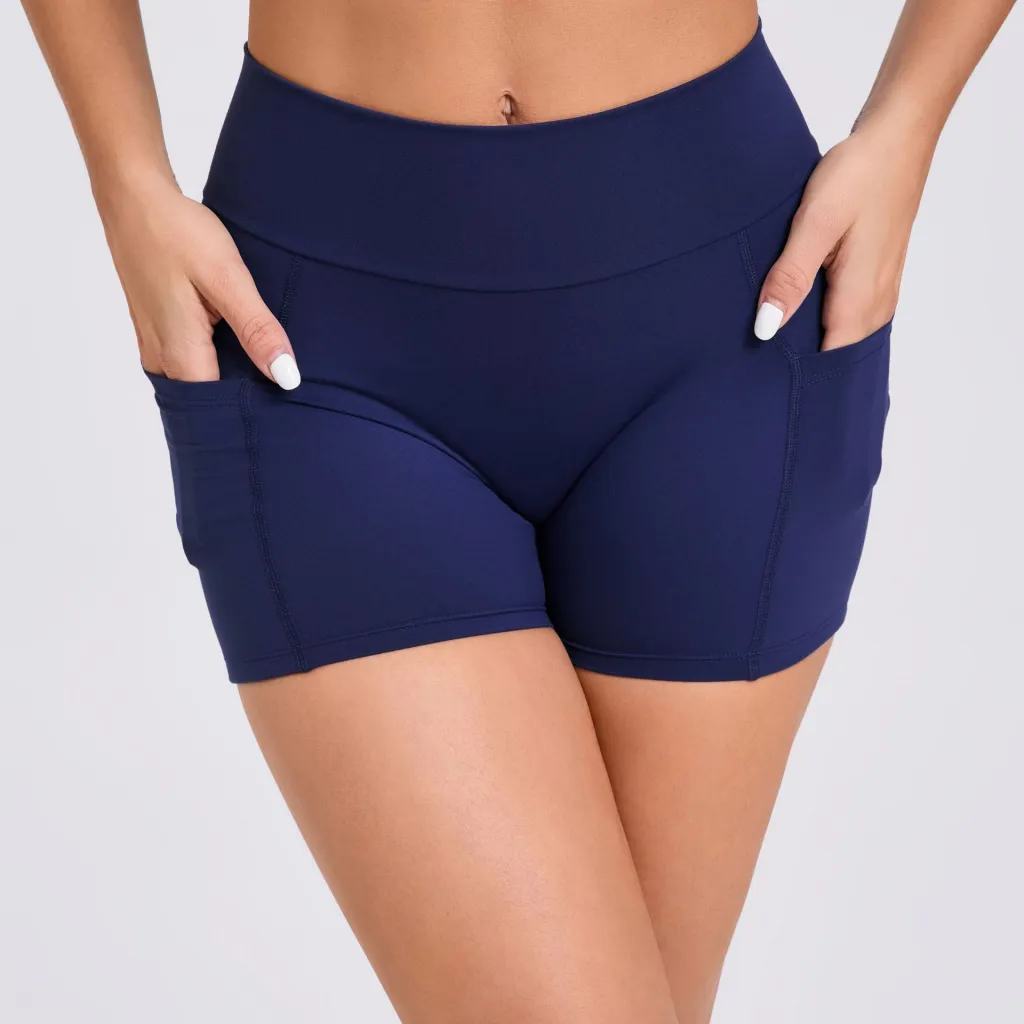 High Waist Tight Yoga Shorts With Pockets On Both Sides - Blue
