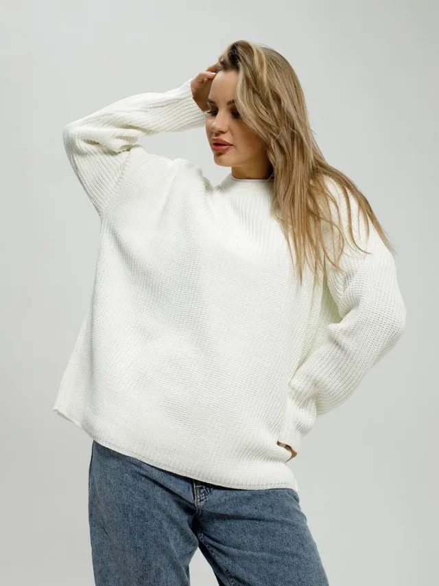 Women's Sweater Round Neck Pullover Loose fitting Long Sleeves White - Shop at LoveMi