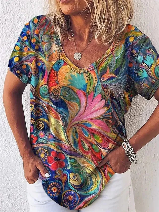Europe And America Cross Border Summer Elegance Women's 3D Women's Abstract Painting T shirt Pattern Graffiti Color - Shop at LoveMi